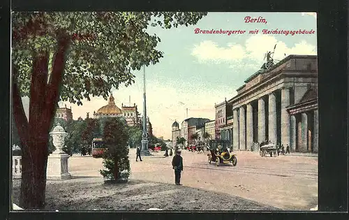 AK Berlin, Brandenburger Tor mit Reichstagsgebäude