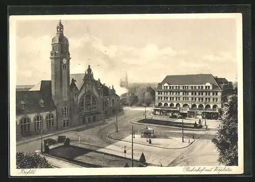 AK Krefeld, Bahnhof mit Vorplatz