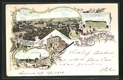 Lithographie Lomnice n. Pop., Celkovy pohled, Tkalcovskà skola, Husova namesti, Telocvicna Sokola