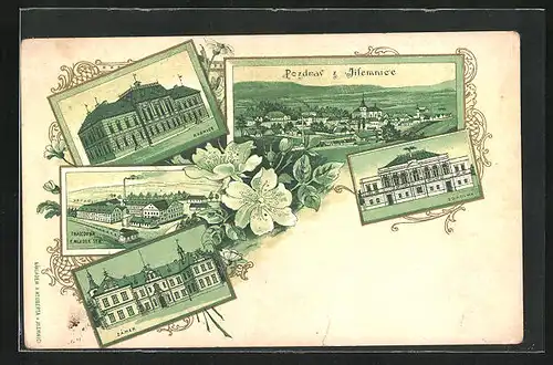 Lithographie Jilemnice, Celkovy pohled, Sokolna, Radnice, Tkalcovna F. Mladek Syn, Zàmek