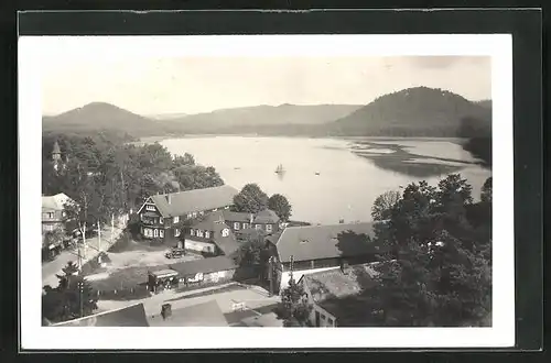 AK Hammer Am See / Hamr Na Jezere, Teilansicht mit See aus der Vogelschau