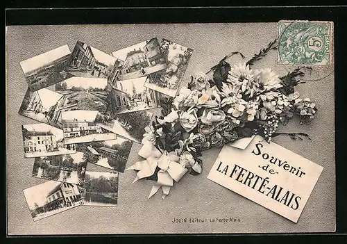 Passepartout-AK La Ferte-Alais, Stadtansichten als Postkarten und Blumen