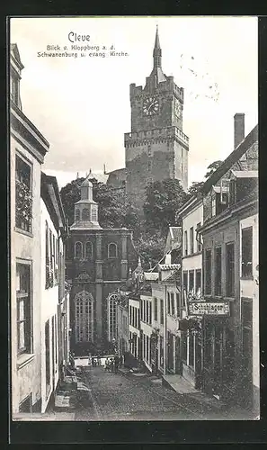 AK Bad Cleve, Blick v. Kloppberg a.d. Schwanenburg und die evangel. Kirche