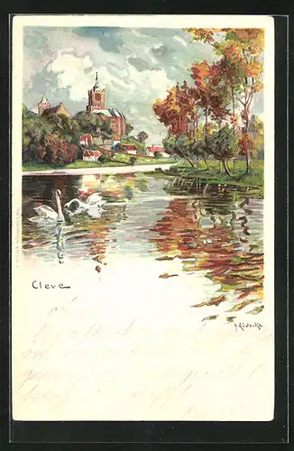 Lithographie Bad Cleve, Schwäne auf dem Fluss, Stadtansicht vom Flussufer aus gesehen