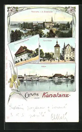 AK Konstanz, Panorama der Stadt v.d. Seestrasse aus, am Conciliumsgebäude, das Schnetztor, im Hafen