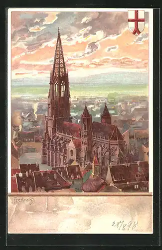 Künstler-AK Heinrich Kley: Freiburg im Breisgau, Blick auf den Dom und die gesamte Stadt