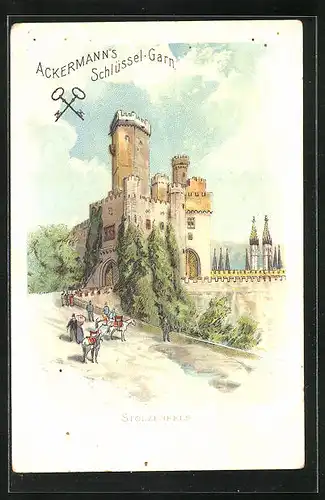 Lithographie Stolzenfels, Ackermanns Schlüssel-Garn, Männer mit ihren Eseln vor der Burg