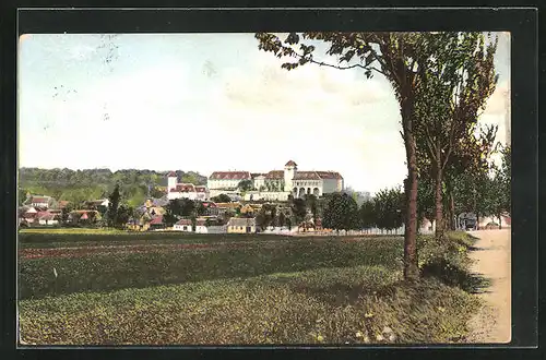 AK Joslowitz in Mähren, Ortstotale mit dem Schloss darüber von einem Feldweg aus gesehen