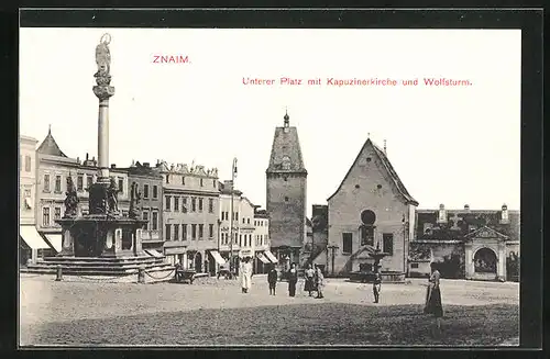 AK Znaim a.d. Thaya, Unterer Platz mit der Kapuzinerkirche und den Wolfsturm