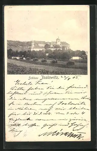 AK Joslowitz in Mähren, Blick von den Feldern auf das Schloss