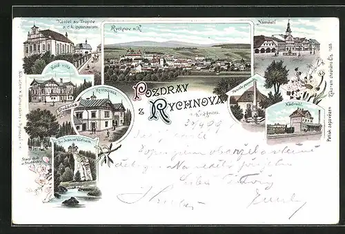 Lithographie Rychnov n. Kneznou, Celkovy Pohled, Kostel sv. Trojice, Namesti, Nadrazi, Pelcluv Pomnik