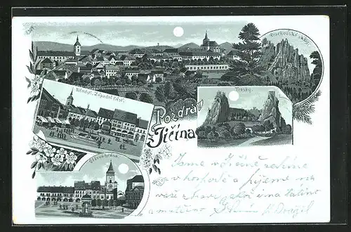 Mondschein-Lithographie Jitschin / Gitschin / Jicin, Celkovy Pohled, Trosky, Namesti, Zapadni Cast, Vezova Brana