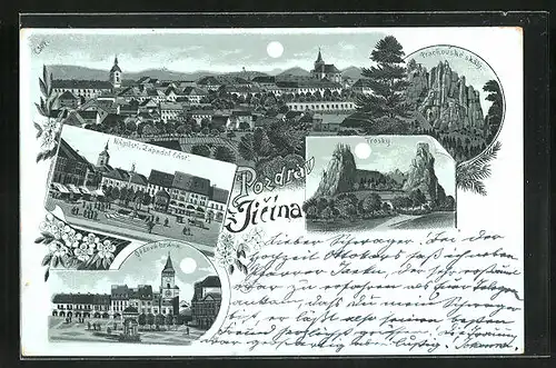 Mondschein-Lithographie Jitschin / Gitschin / Jicin, Celkovy Pohled, Trosky, Namesti, Zapadni Cast, Vezova Brana, Skaly