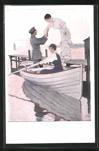 Künstler-AK Brynolf Wennerberg: Kriegspostkarte Nr. 12, Soldat mit Frauen im Boot auf Heimaturlaub