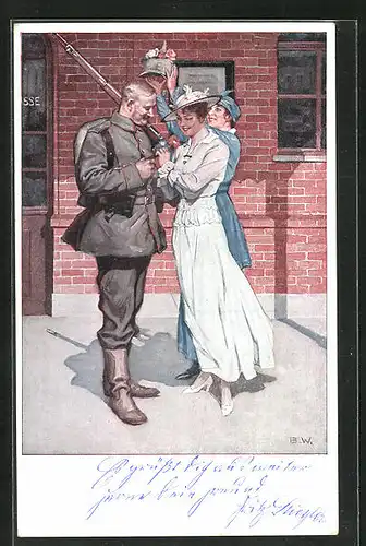 Künstler-AK Brynolf Wennerberg: Kriegspostkarte Nr. 8, Soldat am bahnsteig vor der Abfahrt