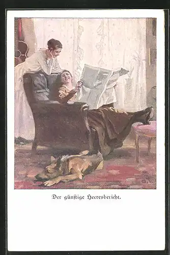 Künstler-AK Brynolf Wennerberg: Kriegspostkarte Nr. 13, der günstige Heeresbericht, zwei Frauen lesen in der zeitung