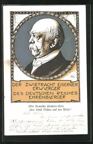 Künstler-AK Franz Stuck: Otto v. Bismarck, seitliches Portrait des alten Reichskanzlers