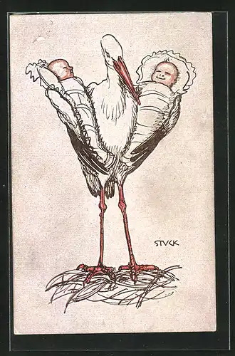 Künstler-AK Franz Stuck: Storch mit zwei Babys im Arm
