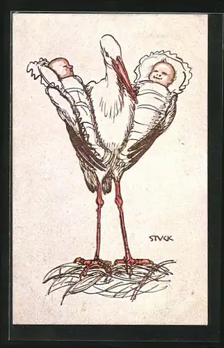 Künstler-AK Franz Stuck: zwei Babys werden vom Storch gebracht