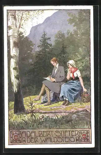 Künstler-AK Ernst Kutzer: Linz a.d. Donau, Adalbert Stifter, der Waldsteig, junges Paar auf einem Stein auf der Lichtung