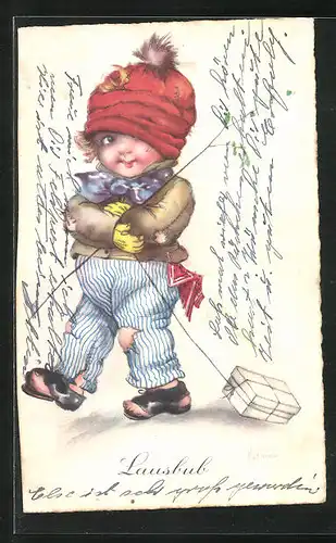 Künstler-AK Hannes Petersen: Lausbub, kleiner Junge zieht Paket hinter sich her