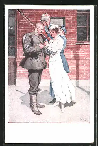 Künstler-AK Brynolf Wennerberg: Kriegspostkarte Nr. 8, Vor der Abfahrt, junge Frau verabschiedet Soldat in Uniform