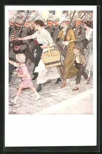 Künstler-AK Brynolf Wennerberg: Kriegspostkarte Nr. 7, Ausmarsch, Mutter und Kinder beschenken ausrückende Soldaten