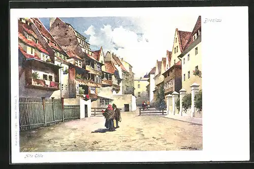 Künstler-AK Breslau, alte Ohle, Anwohner vor den Häusern