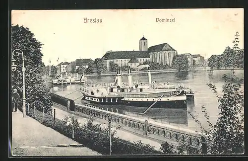 AK Breslau, Dampfer am Ufer mit Blick zur Dominsel