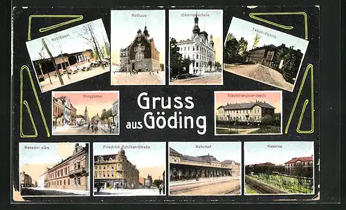 AK Göding / Hodonin, Rothäusel, Tabak-Fabrik, Bahnhof & Ringgasse