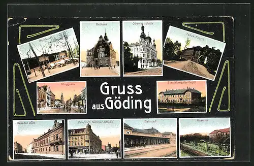 AK Göding / Hodonin, Rothäusel, Tabak-Fabrik, Bahnhof & Ringgasse