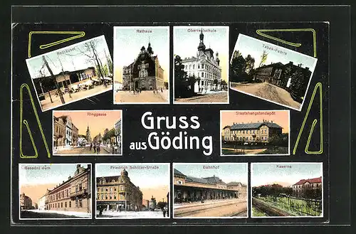 AK Göding / Hodonin, Rothäusel, Tabak-Fabrik, Bahnhof & Staatshengstdepot