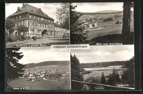 AK Carlsfeld / Erzgeb., Gasthaus Zum grünen Baum, Talsperre, Blick zum Auersberg