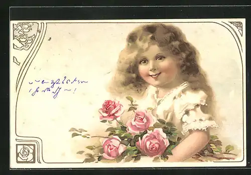 Lithographie Lächelndes Mädchen mit Rosen, Jugendstil