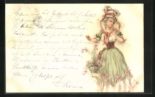 Lithographie Hübsche Dame mit Federhut und Blumentopf