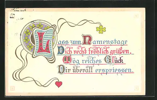 Präge-AK Lass zum Namenstage Dich recht fröhlich grüssen..., Herz und Klee, Jugendstil