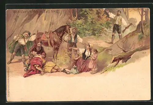 AK Schiller's Wilhelm Tell, No. 12, Szene: Familie im Wald