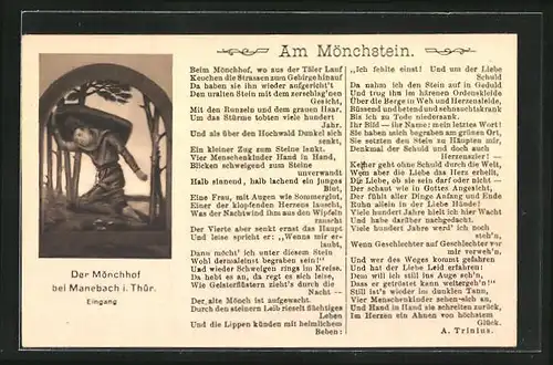 AK Sage, Der Mönchhof bei Manebach i. Thür., Eingang, Gedicht Am Mönchstein von A. Trinius