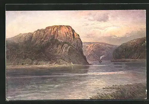 Künstler-AK Loreley, Rheinpartie mit Felsen