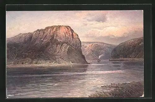 Künstler-AK Loreley, Rheinpartie mit Felsental