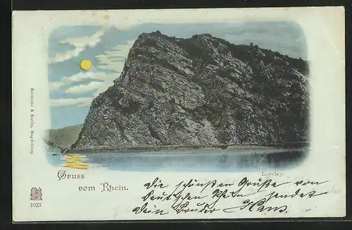 Mondschein-AK Loreley, Rheinpartie mit Blick auf den Felsen