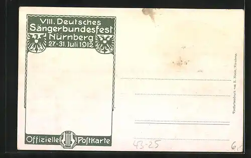 Künstler-AK Nürnberg, Achtes Deutsches Sänger-Bundes-Fest 1912, Stadtansicht, Wappen