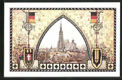 Künstler-AK Wien, 10. Deutsches Sängerbundesfest 1928, Stephansdom, Wappen und Flaggen