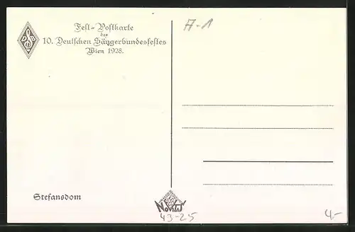 Künstler-AK Wien, 10. Deutsches Sängerbundesfest 1928, Stephansdom, Wappen und Flaggen