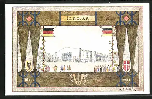 Künstler-AK Wien, 10. Deutsches Sängerbundesfest 1928, Sängerhalle, Flaggen & Wappen