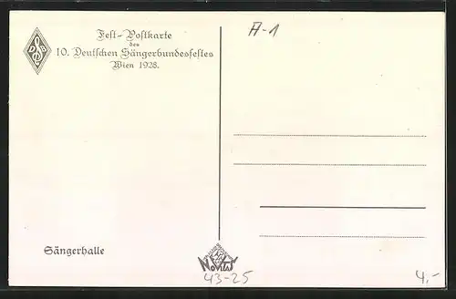 Künstler-AK Wien, 10. Deutsches Sängerbundesfest 1928, Sängerhalle, Flaggen & Wappen