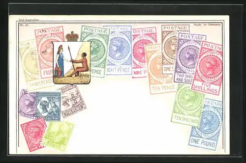 AK Australien, Briefmarken und Wappen