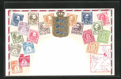 Präge-AK Dänemark, Briefmarken und Wappen