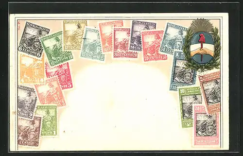 AK Argentinien, Briefmarken und Wappen