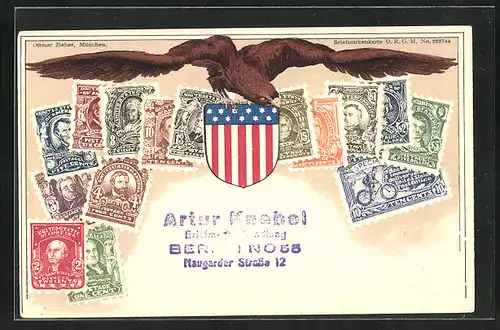 AK Vereinigte Staaten von Amerika, Briefmarken und Wappen